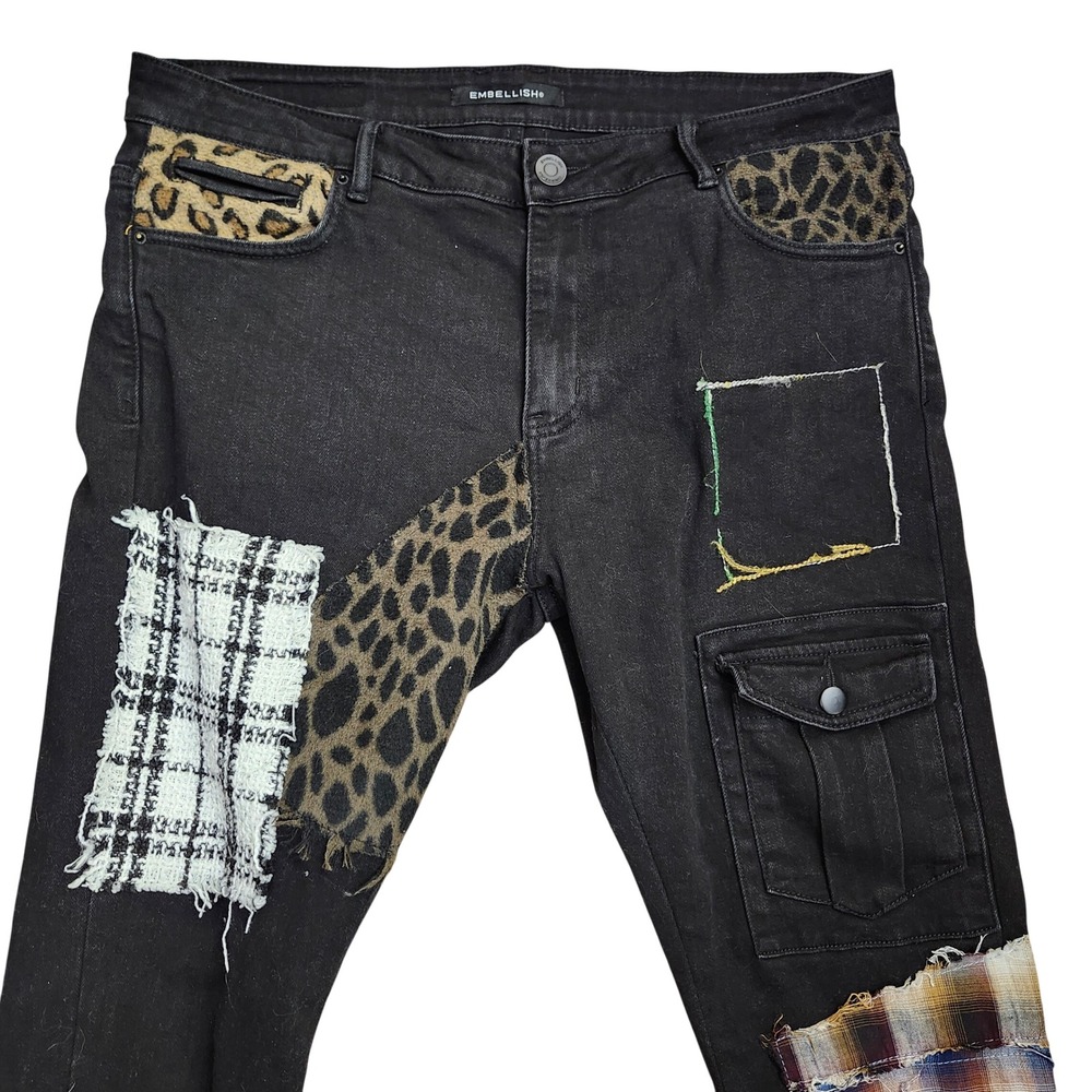 Embellish‎ Trey Black Cargo Patchwork Jeans Leopard Plaid Size 36 Streetwear - Picture 14 of 14